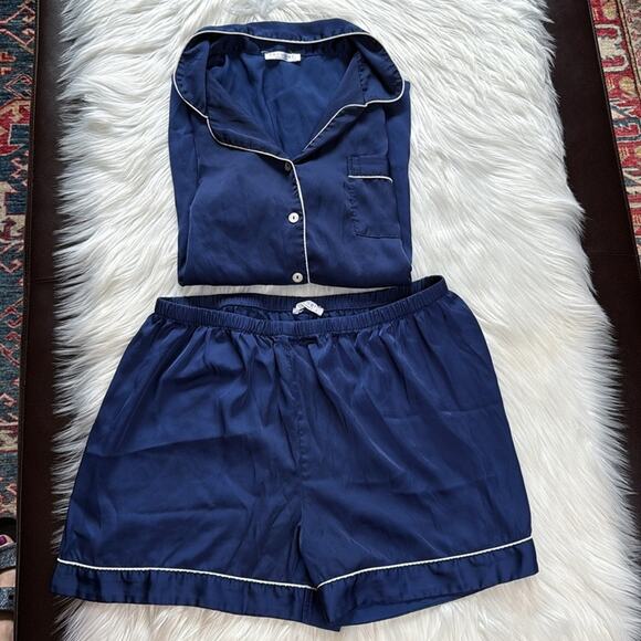 Navy Blue Satin Pajama Shorts Set - Picture 1 of 4